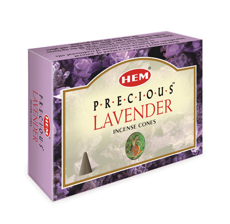 Box of HEM Precious Lavender incense cones on a white background
