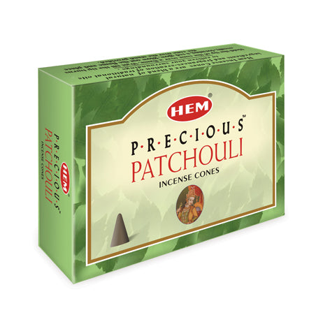 Box of HEM Precious Patchouli incense cones on a white background