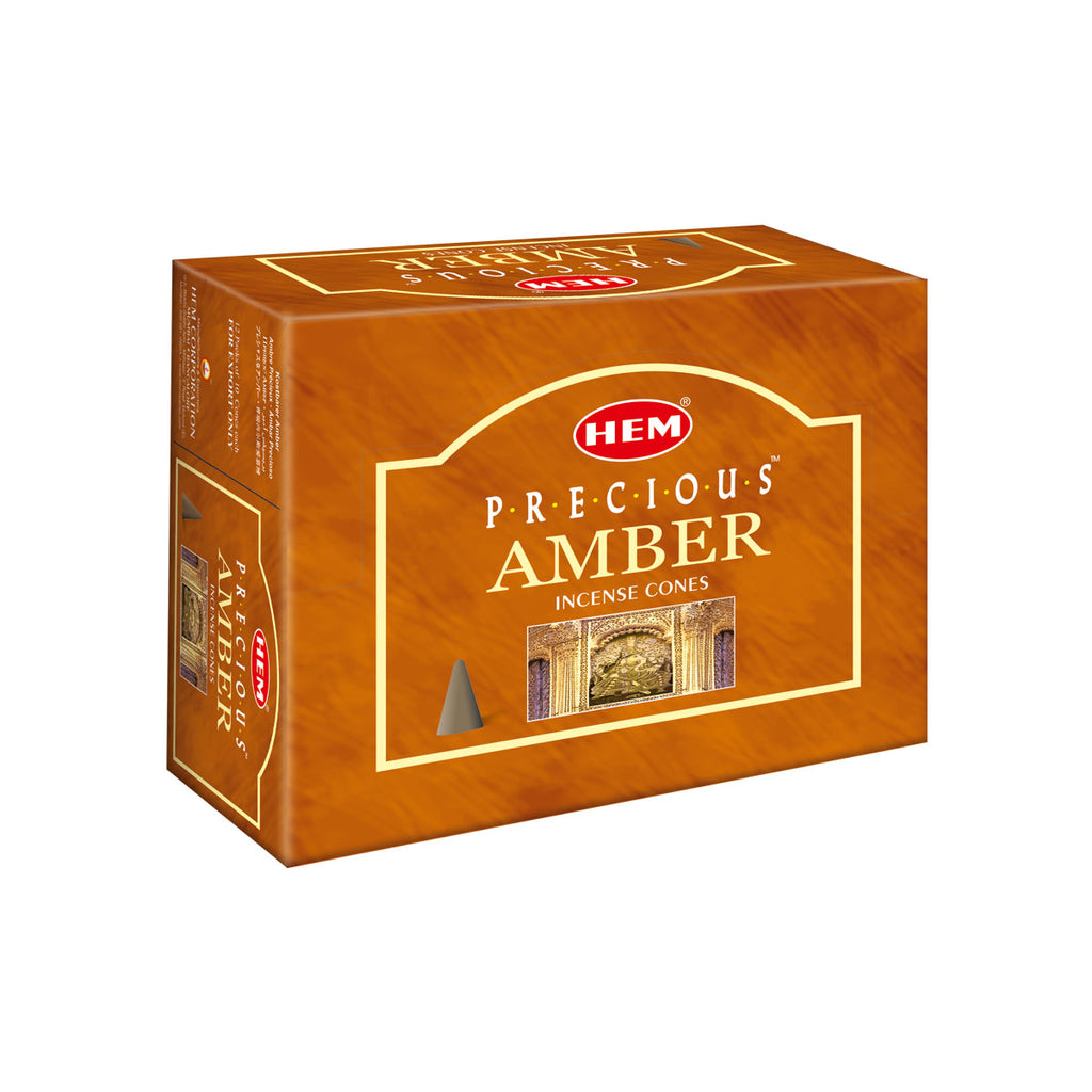 Box of HEM Precious Amber incense cones on a white background