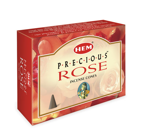 Box of HEM Precious Rose Incense Cones on a white background
