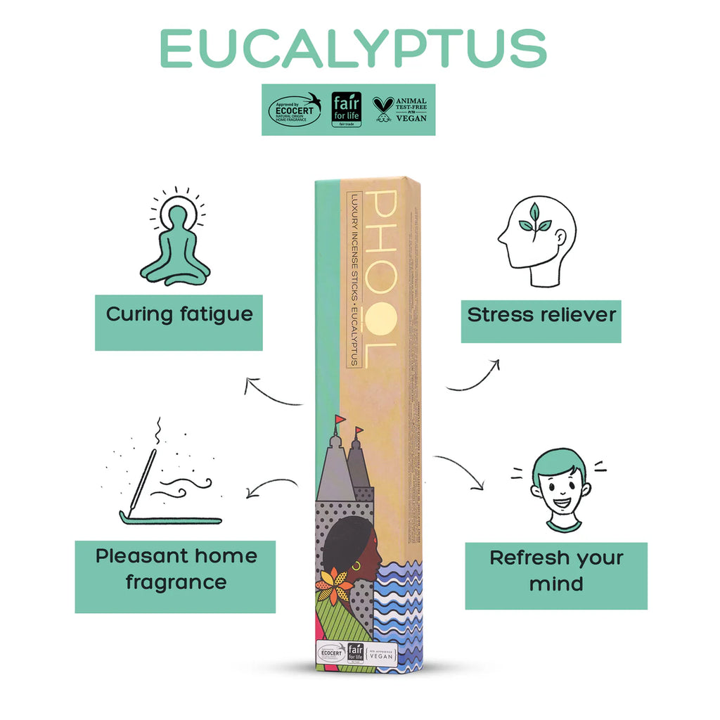 A box of Eucalyptus Incense Sticks with graphic icons indicating the benefits such as curing fatigue, stress reliever, pleasant home fragrance, and ability to refresh the mind.