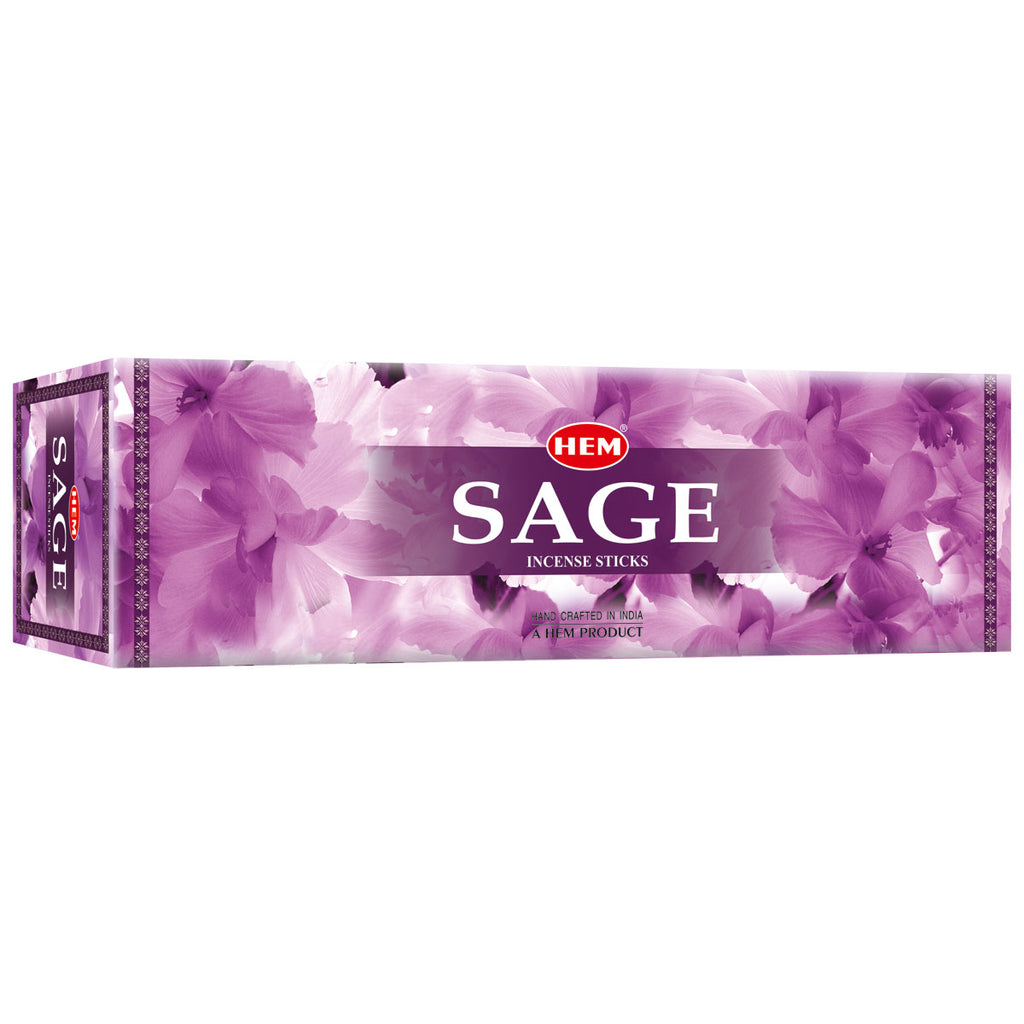 Box of HEM Sage incense sticks with purple floral design on a white background