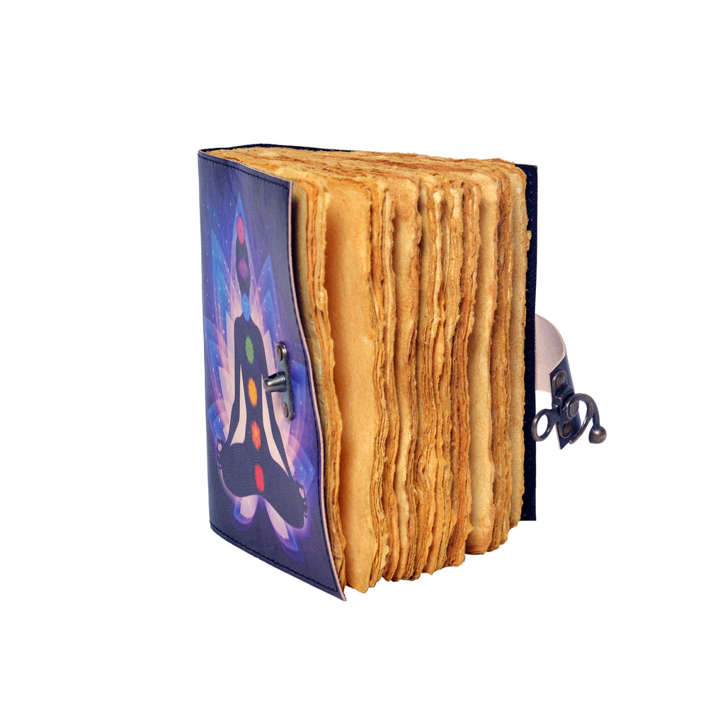 Decorative notebook with colorful design on the cover and textured pages.