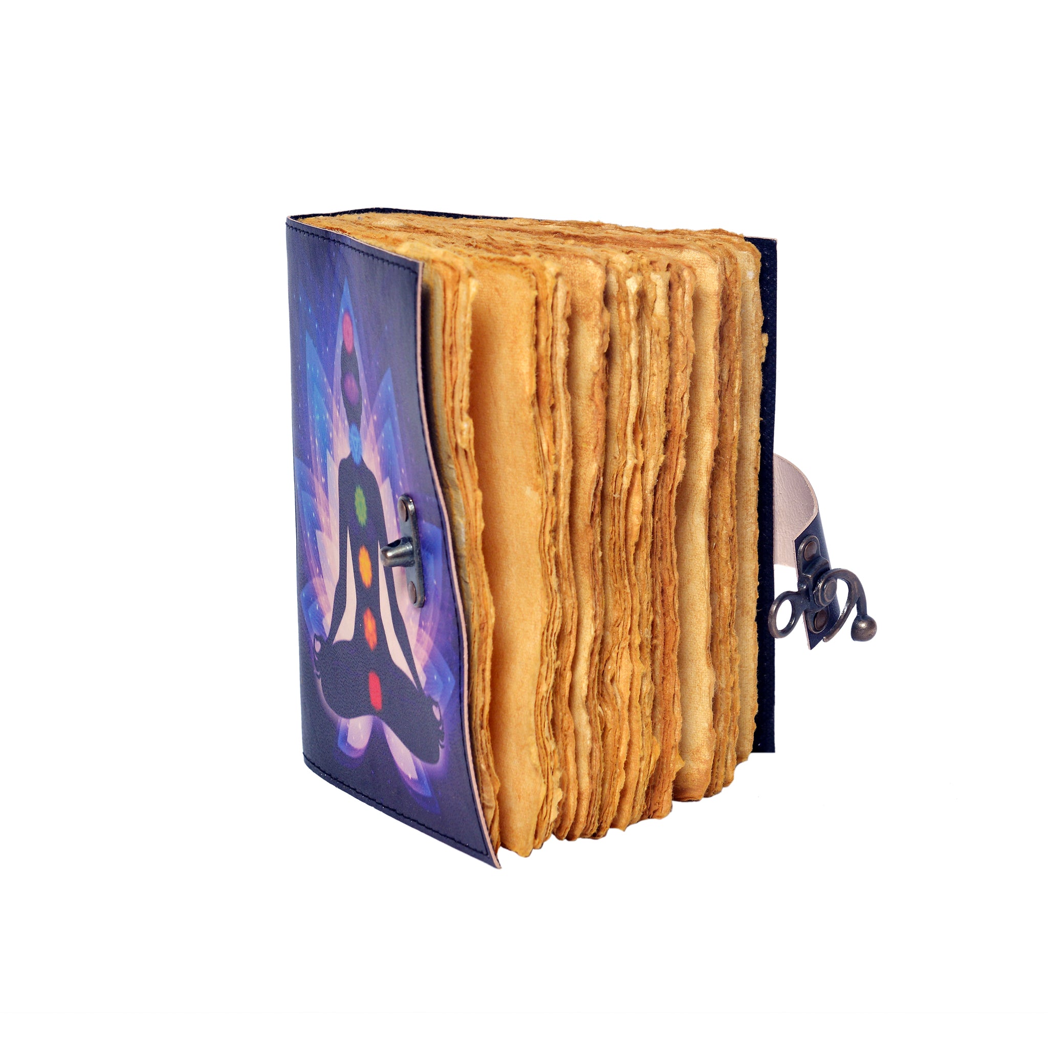 Decorative notebook with colorful design on the cover and textured pages.