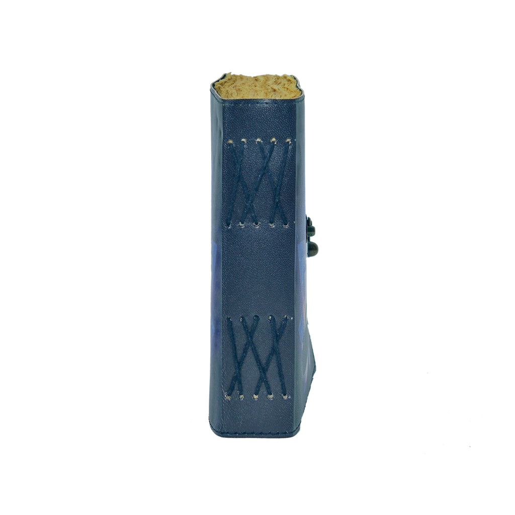Blue leather shoe with gold interior on a white background