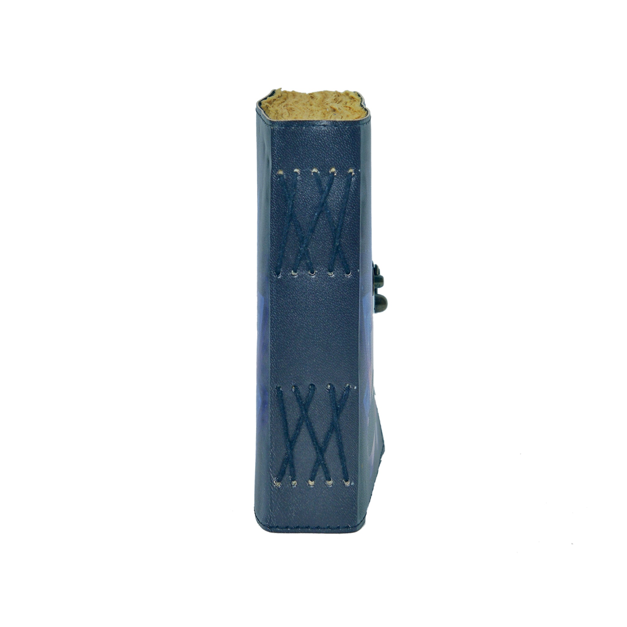Blue leather shoe with gold interior on a white background
