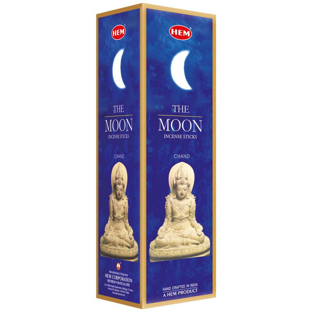 Hem The Moon incense sticks packaging with statues on a white background