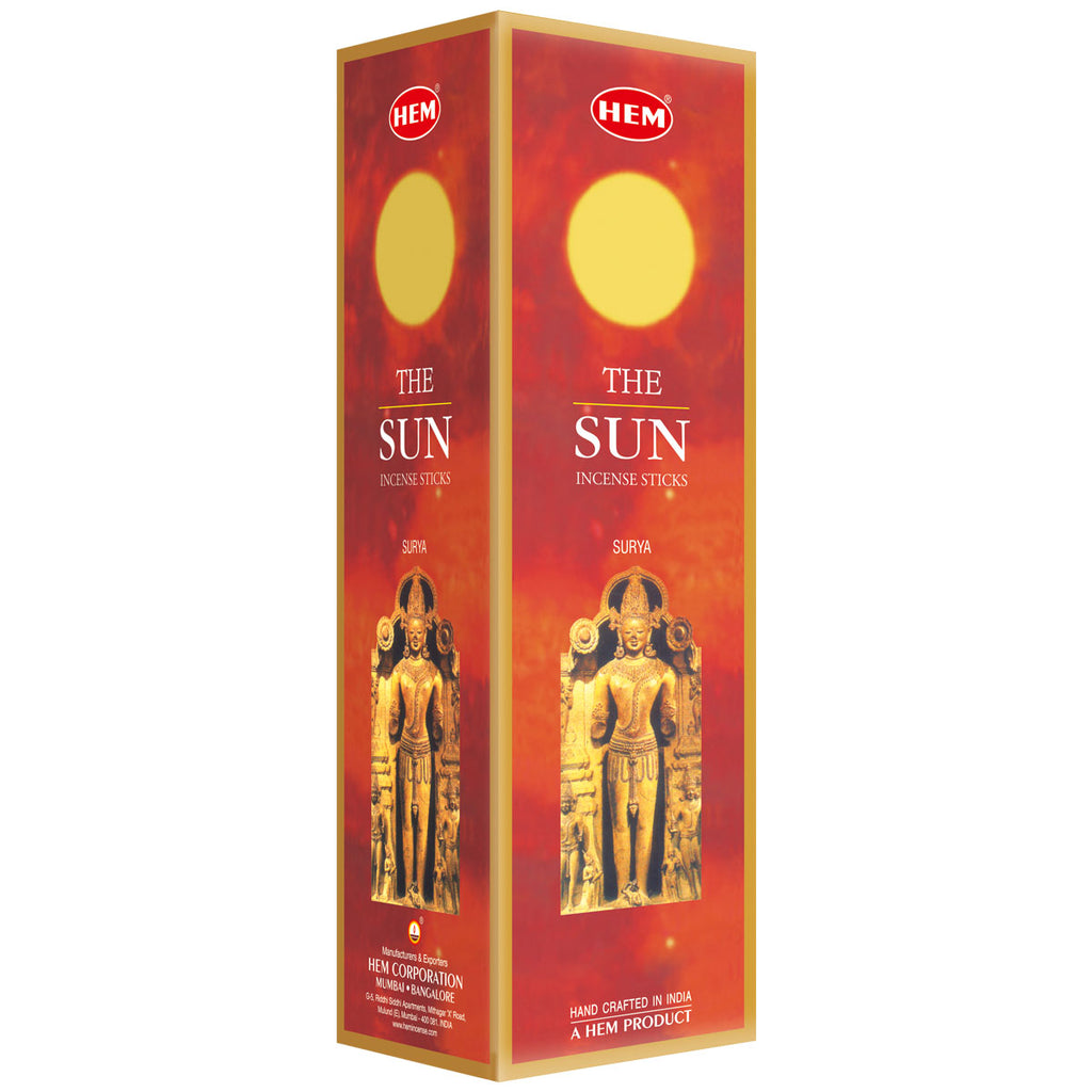 HEM The Sun Incense Sticks packaging with images of deities on a white background