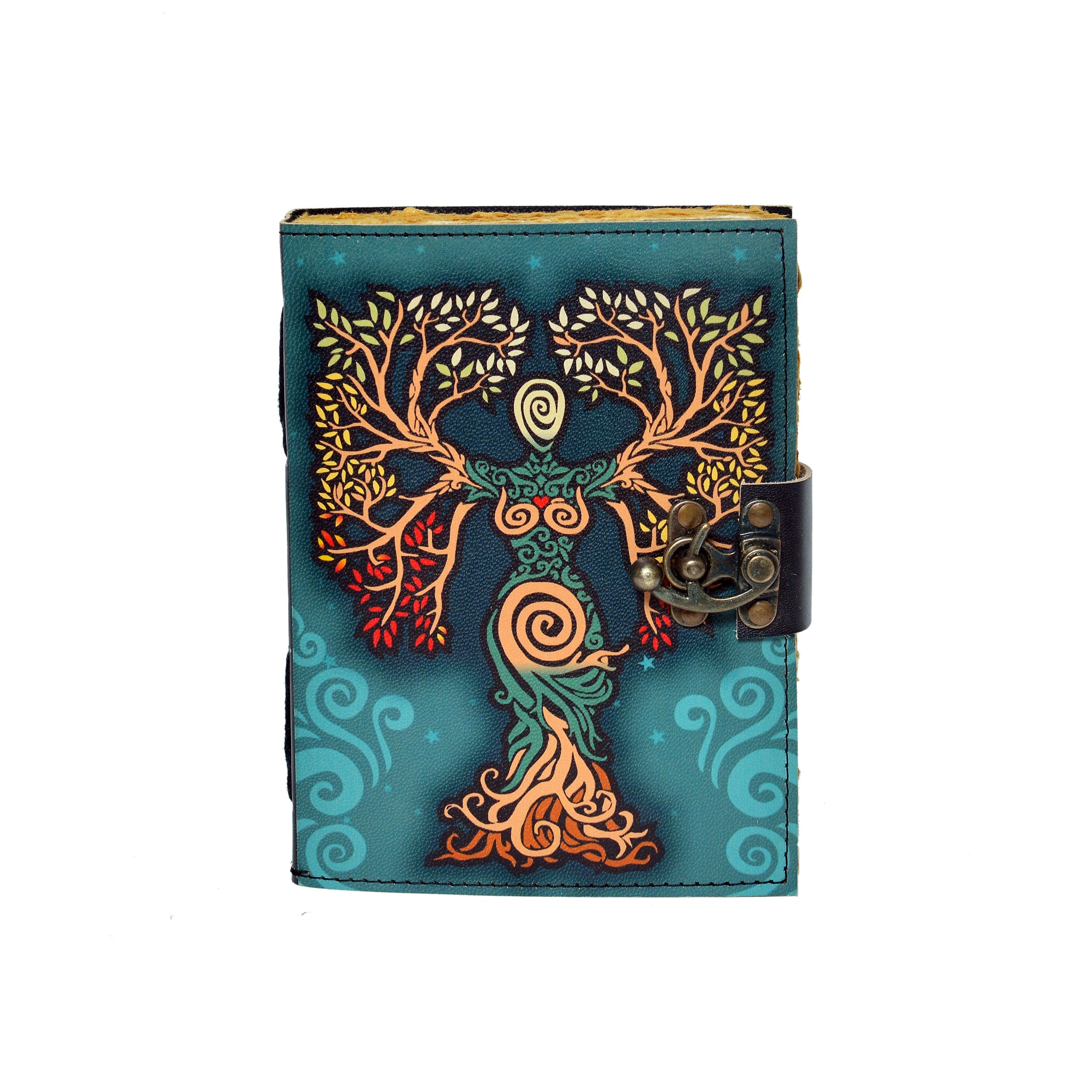 Leather-bound journal with tree-of-life design on a white background