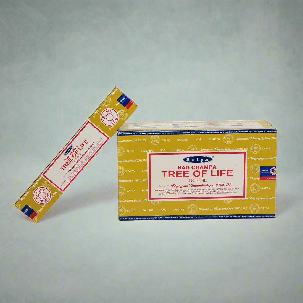 A collection of Satya incense boxes in various fragrances, displayed in an organized manner.