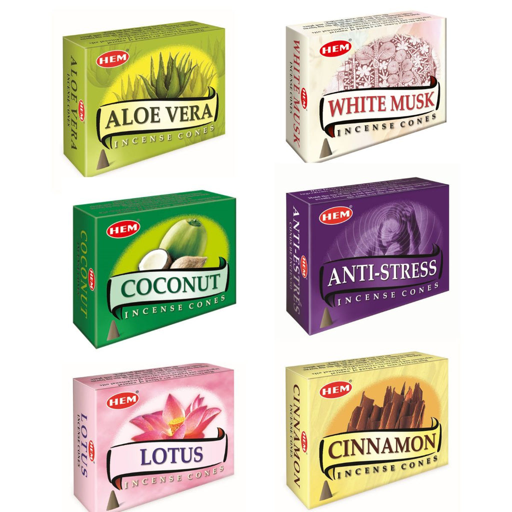Collection of HEM incense cone packages in various flavors on a white background