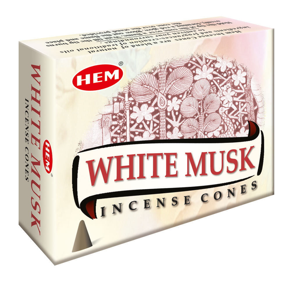 Box of HEM White Musk incense cones on a white background