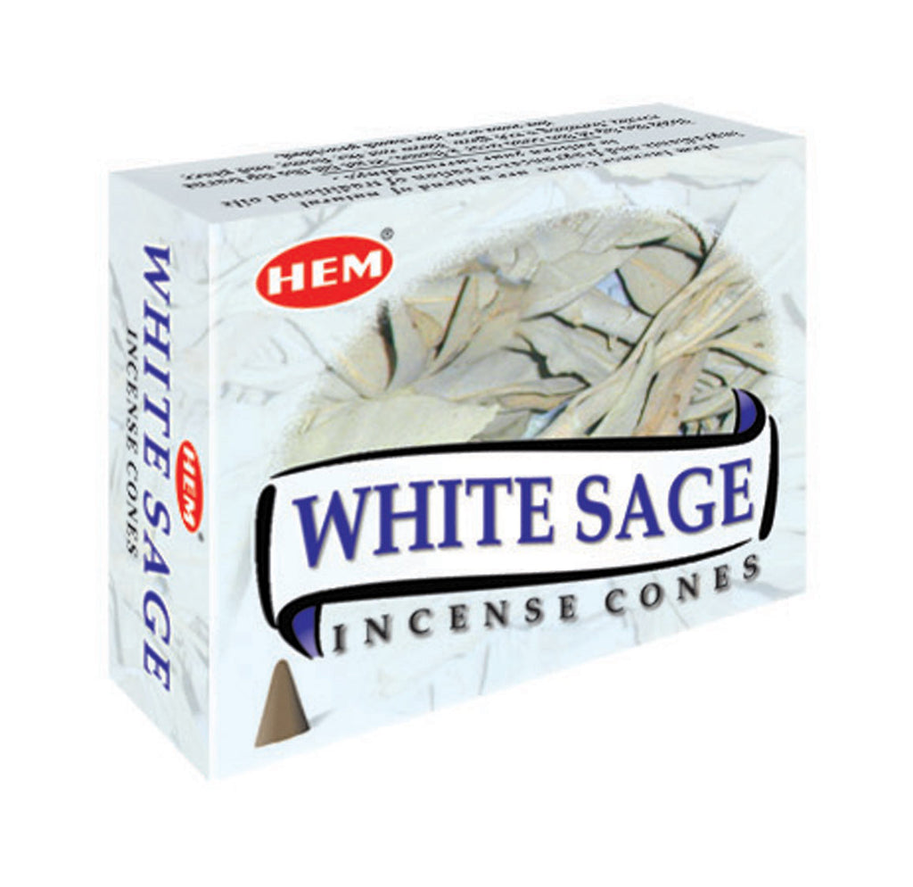 Box of HEM White Sage Incense Cones on a white background