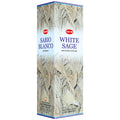 Box of HEM White Sage incense sticks with images of sage leaves on a white background