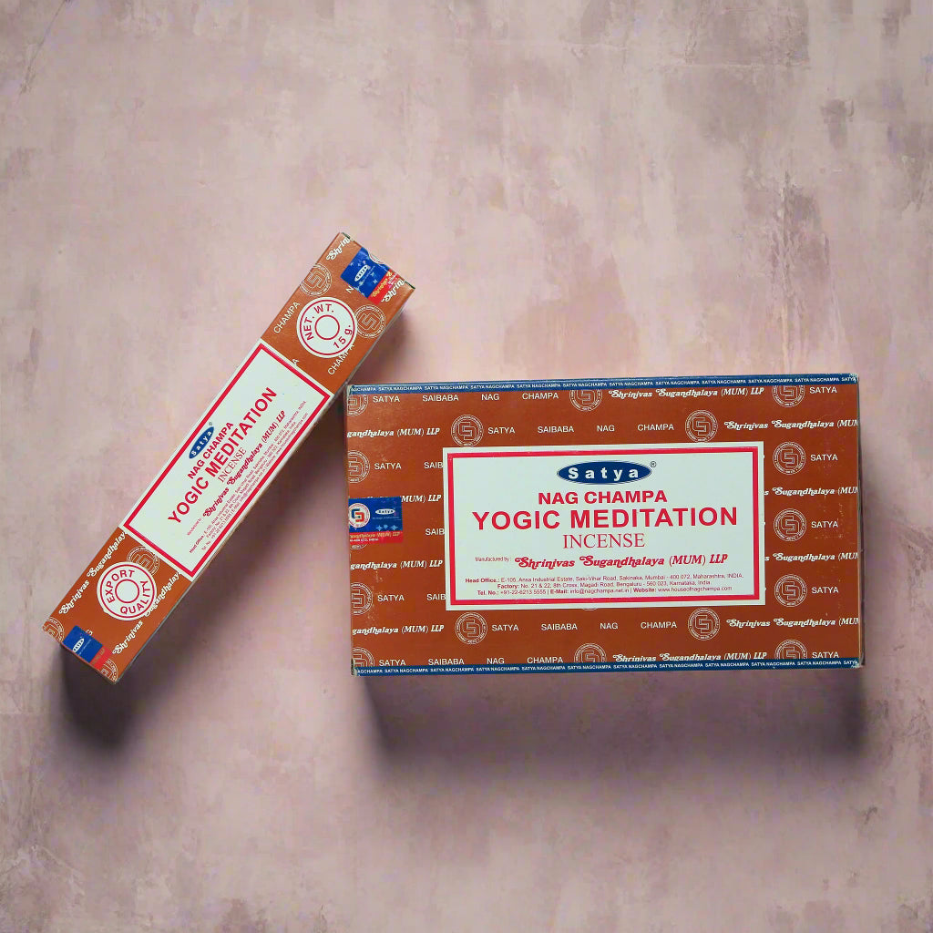 A collection of Satya incense boxes in various fragrances, displayed in an organized manner.