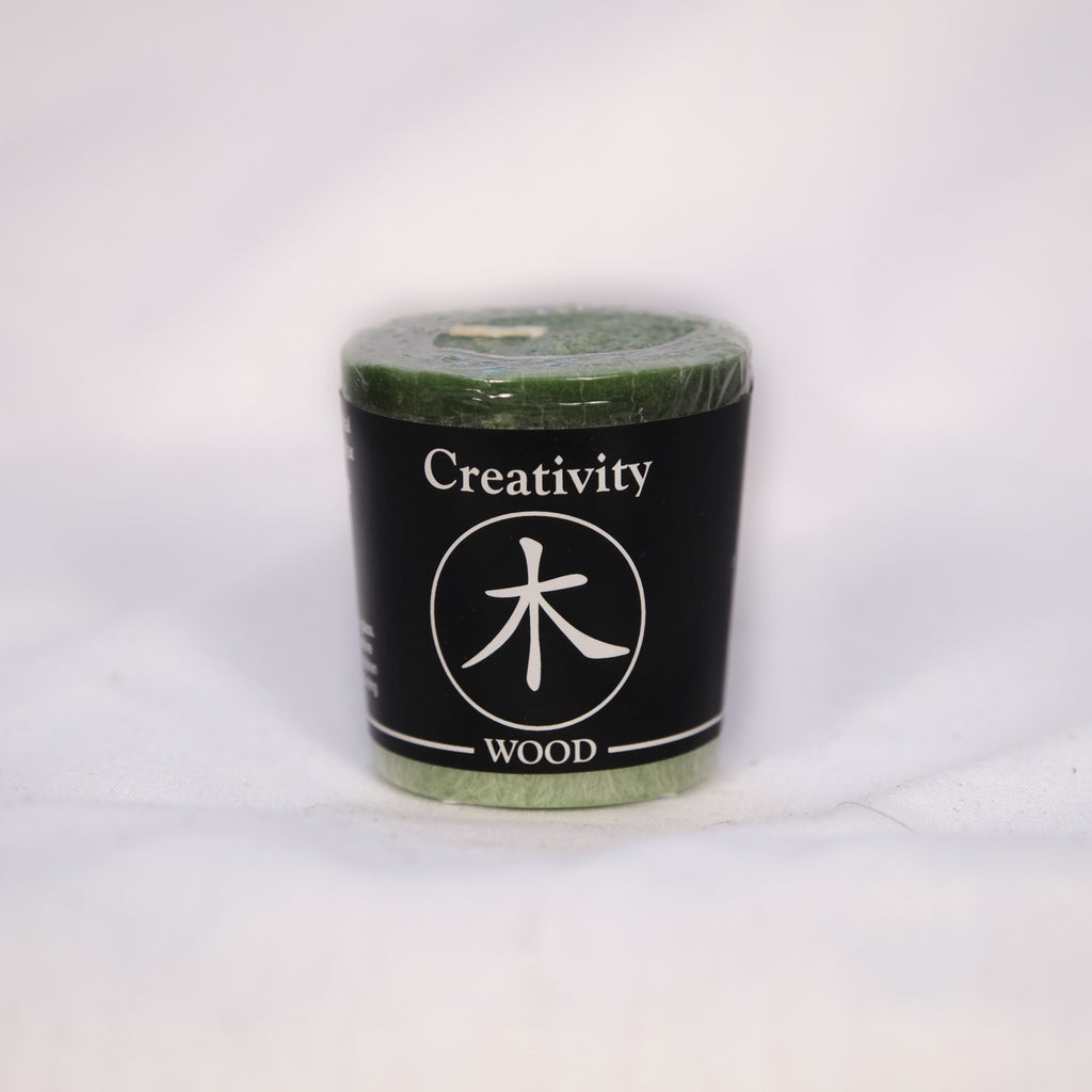 Five lit votive candles with colored labels indicating different qualities such as Success, Creativity, Passion, Wealth, and Inner Peace, arranged on a dark surface.