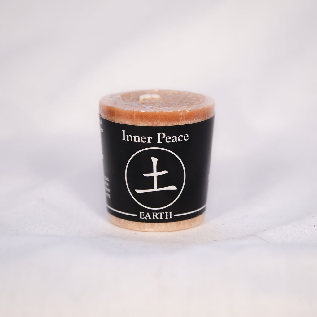 Five lit votive candles with colored labels indicating different qualities such as Success, Creativity, Passion, Wealth, and Inner Peace, arranged on a dark surface.