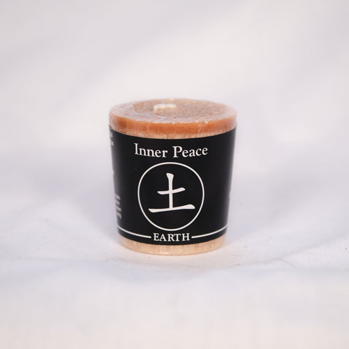 Five lit votive candles with colored labels indicating different qualities such as Success, Creativity, Passion, Wealth, and Inner Peace, arranged on a dark surface.